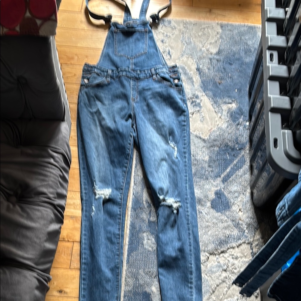 Blue Denim Overalls with Distressed Details Size M